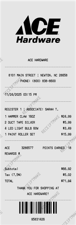 Ace receipt with ReceiptMake watermark
