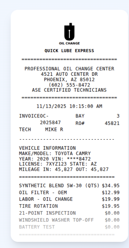 Oil Change Receipt - Free Receipt Generator