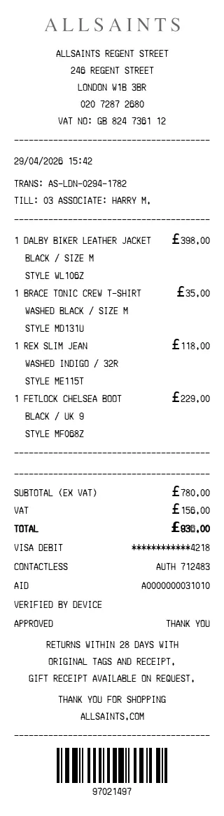 ALLSAINTS Receipt