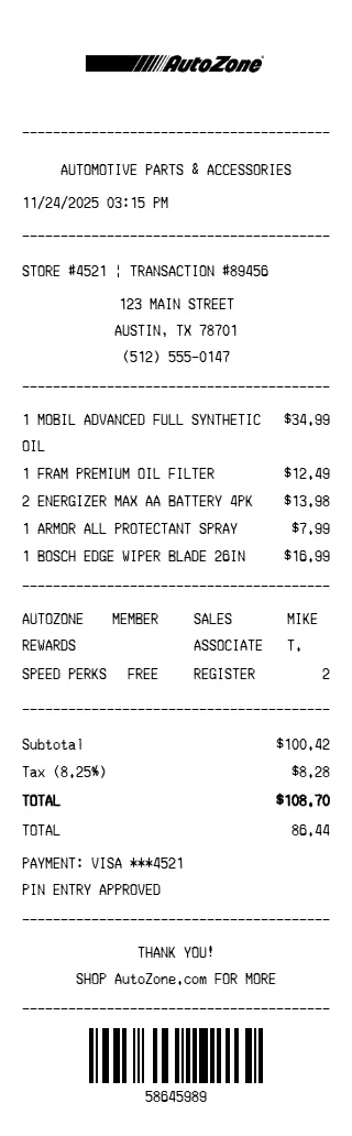 AutoZone Receipt