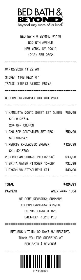 Bed Bath & Beyond Receipt