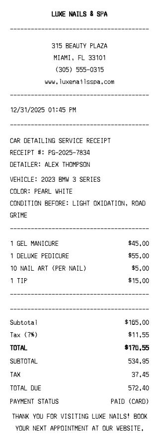 Nail Salon Receipt