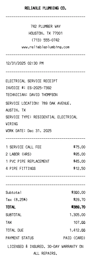 Plumber Receipt