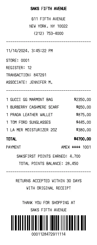 Saks Fifth Avenue Receipt