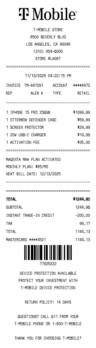 T-Mobile Receipt Receipt