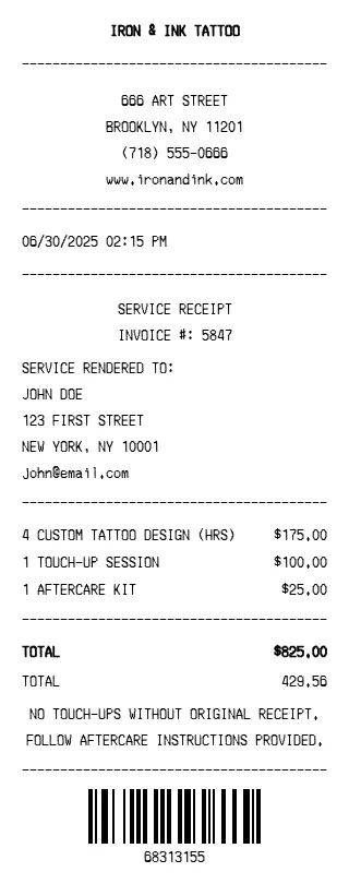 Tattoo Receipt